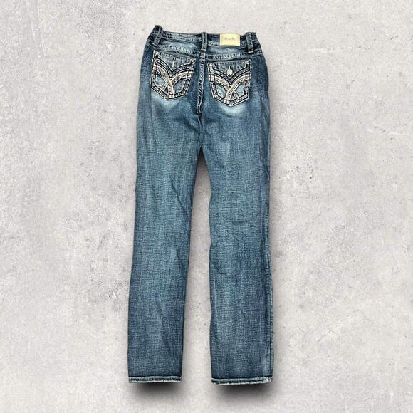 โ
Miss Me Signature Taylored Boot Cut Rhinestone - Studded Design Denim Jeans โ
- Picture 8 of 8